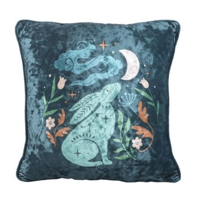 Midnight Hare Cushion – 35cm Velvet Cushion | Moon Gazing Hare | Steel Blue Accent Pillow
