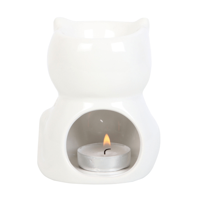 Shiny White Cat Tealight Wax Burner 