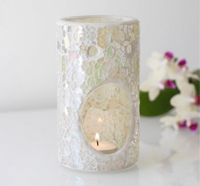 White Glass Crackled Effect Pillar Tealight Wax Burner 
