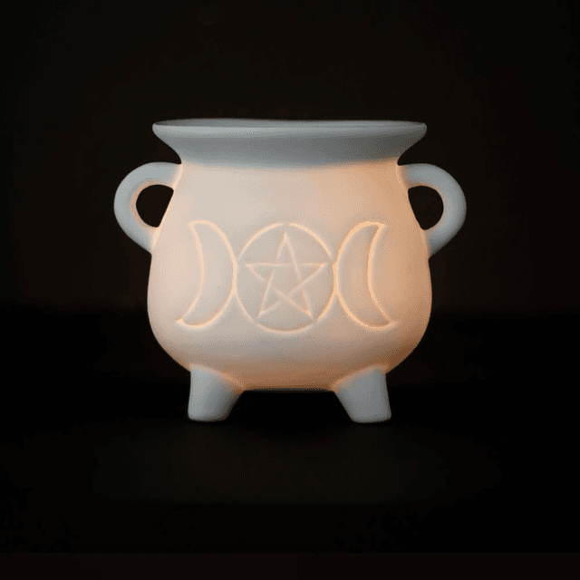 White Triple Moon Cauldron Tealight wax Burner 