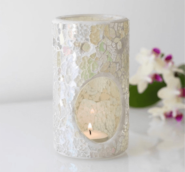 White Glass Crackled Effect Pillar Tealight Wax Burner 